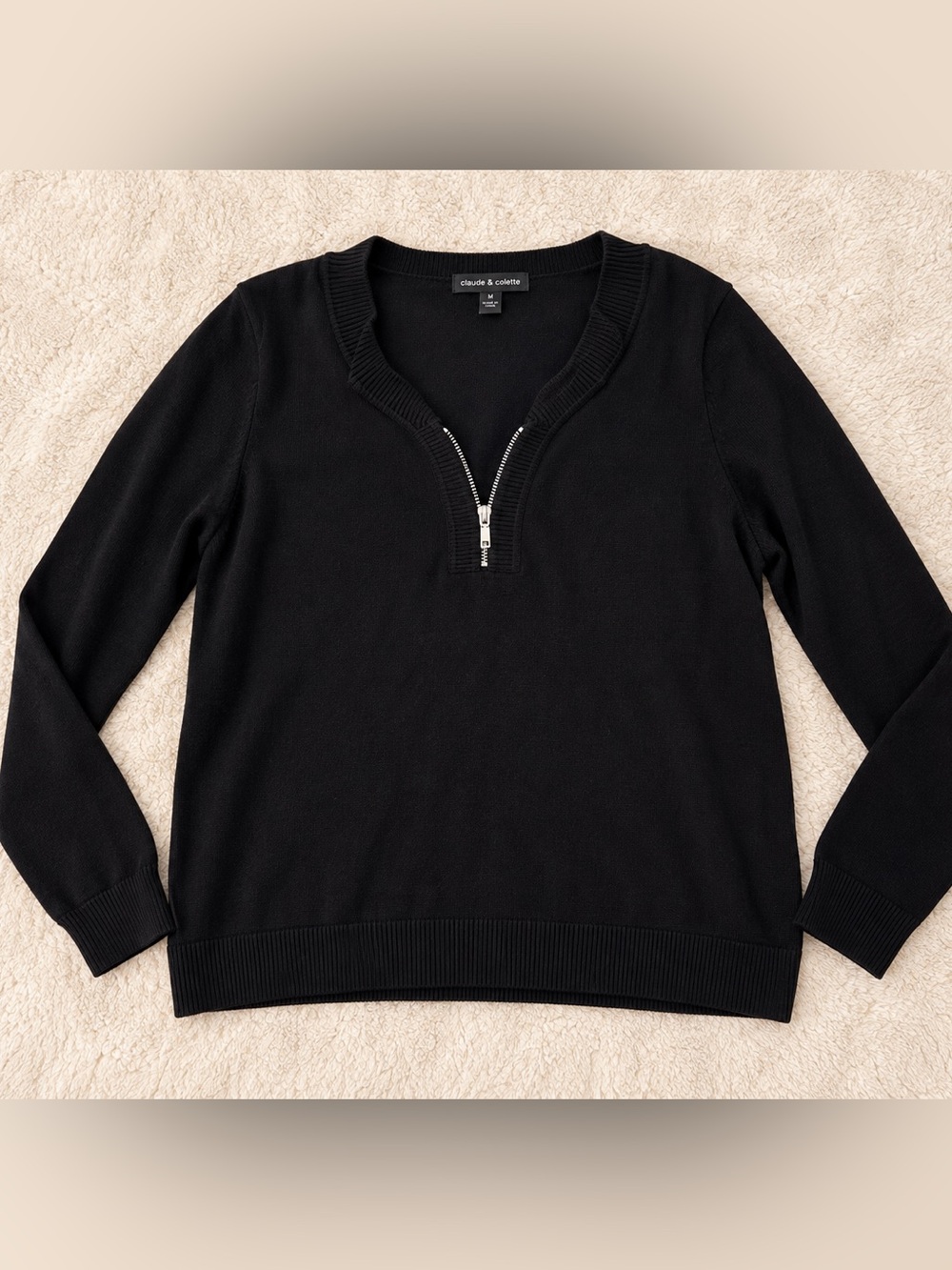 Black Zip-Front V-Neck Sweater